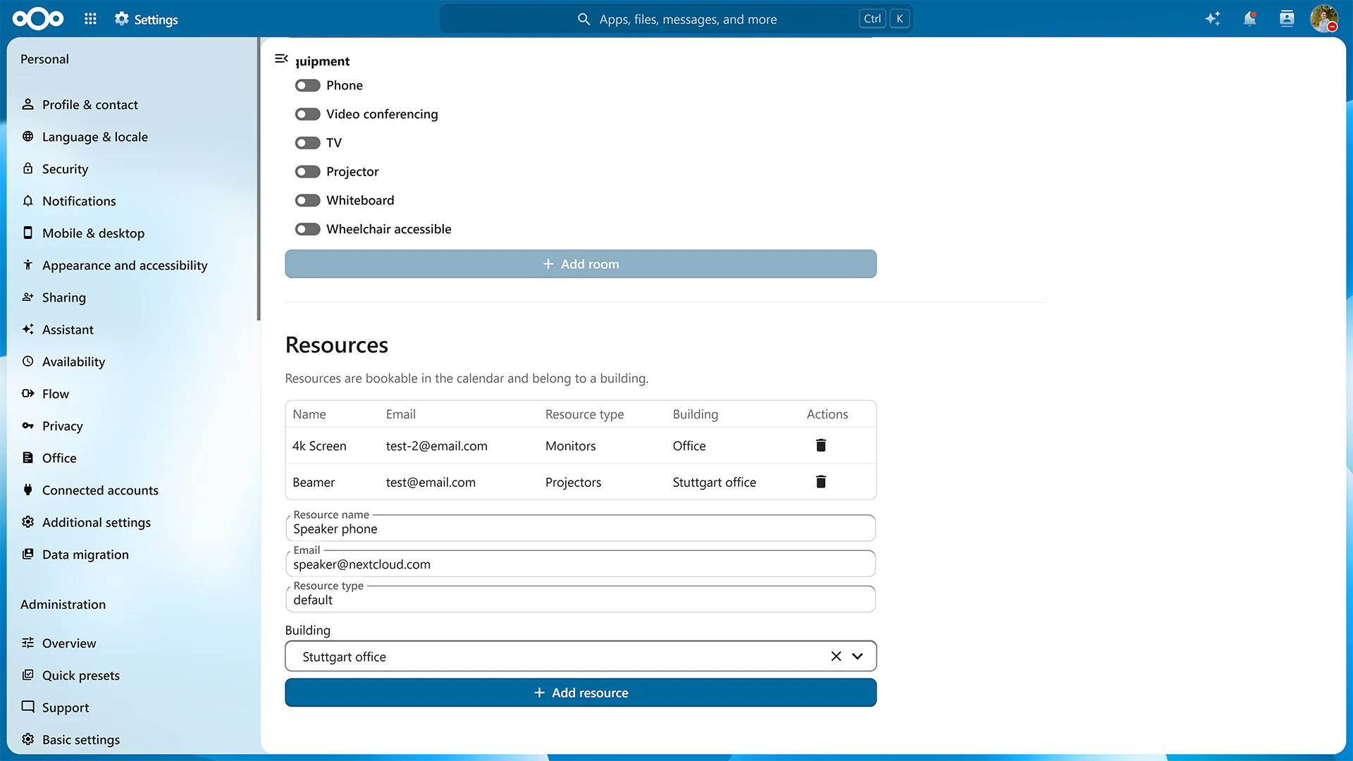 Nextcloud-Hub-26-Summer-Calendar-resources-admin-view